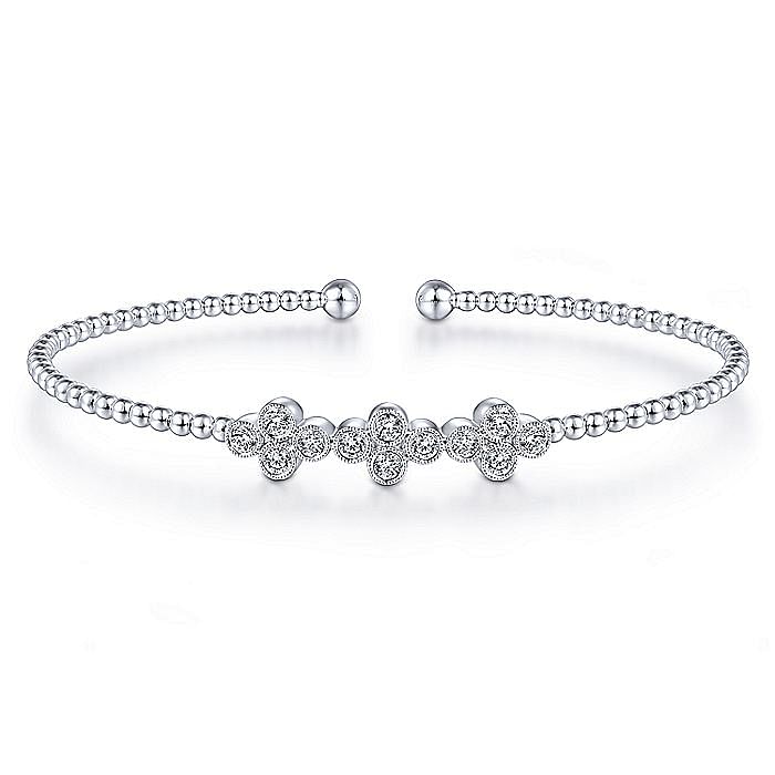 14K White Gold Bujukan Bead Cuff Bracelet with Three Quatrefoil Diamond Station s - Warwick Jewelers