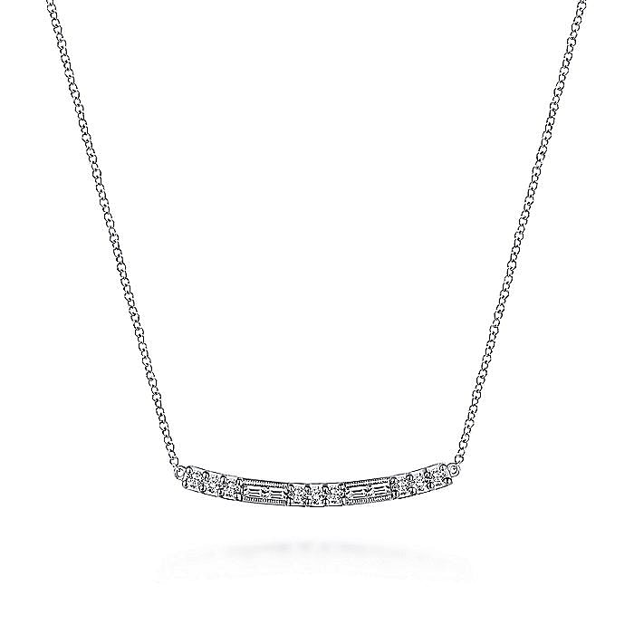 14K White Gold Round and Baguette Diamond Curved Bar Necklace - Warwick Jewelers
