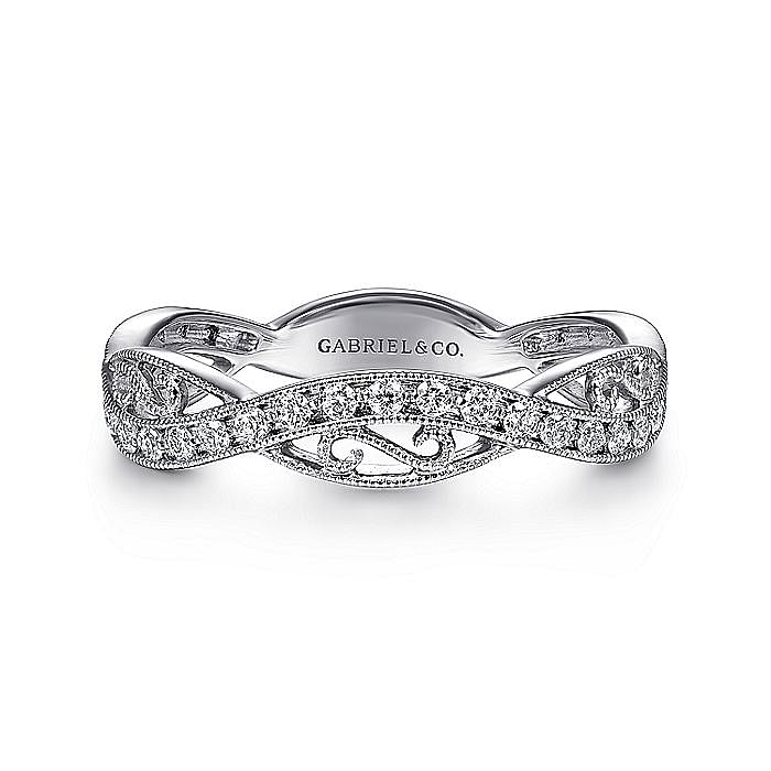 14K White Gold Twisted Filigree Diamond Stackable Ring - Warwick Jewelers