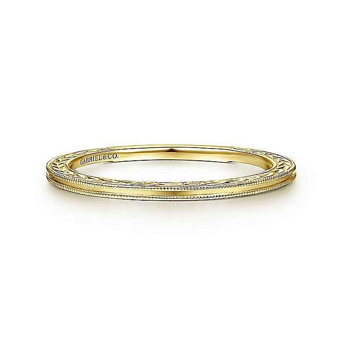 14K Yellow Gold Engraved Milgrain Slim Stackable Ring - Warwick Jewelers
