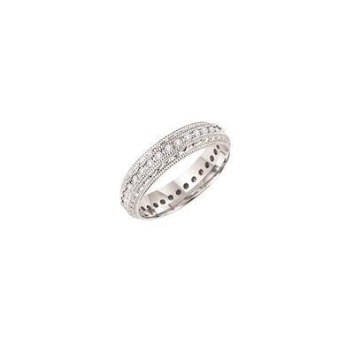 Eternity wedding band with round, prong set diamond and milgrain - Warwick Jewelers